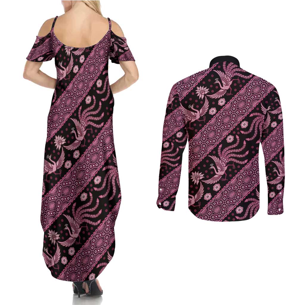 Indonesia Batik Pattern Couples Matching Summer Maxi Dress and Long Sleeve Button Shirt Pink Version LT01 - Polynesian Pride