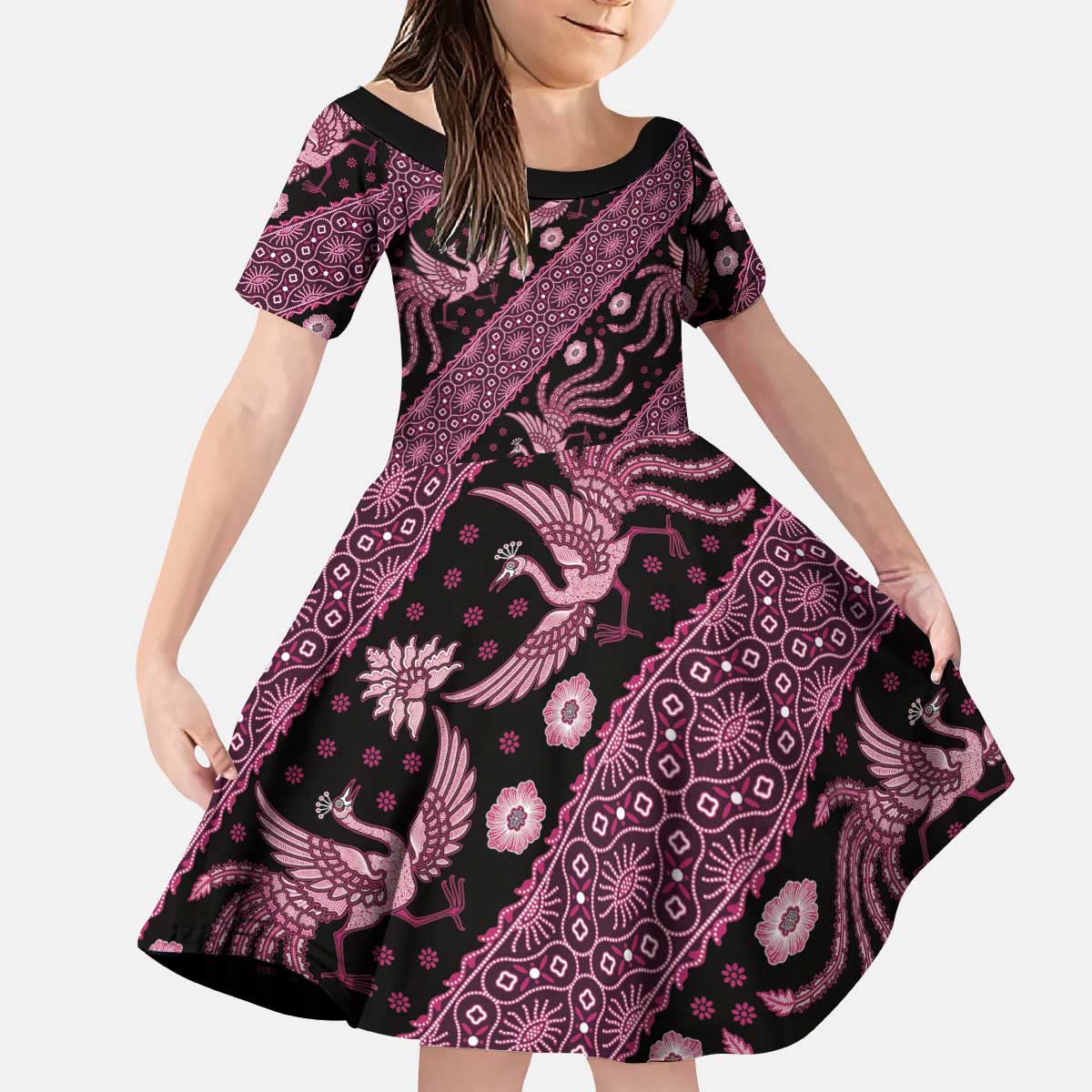 Indonesia Batik Pattern Kid Short Sleeve Dress Pink Version LT01 KID Pink - Polynesian Pride