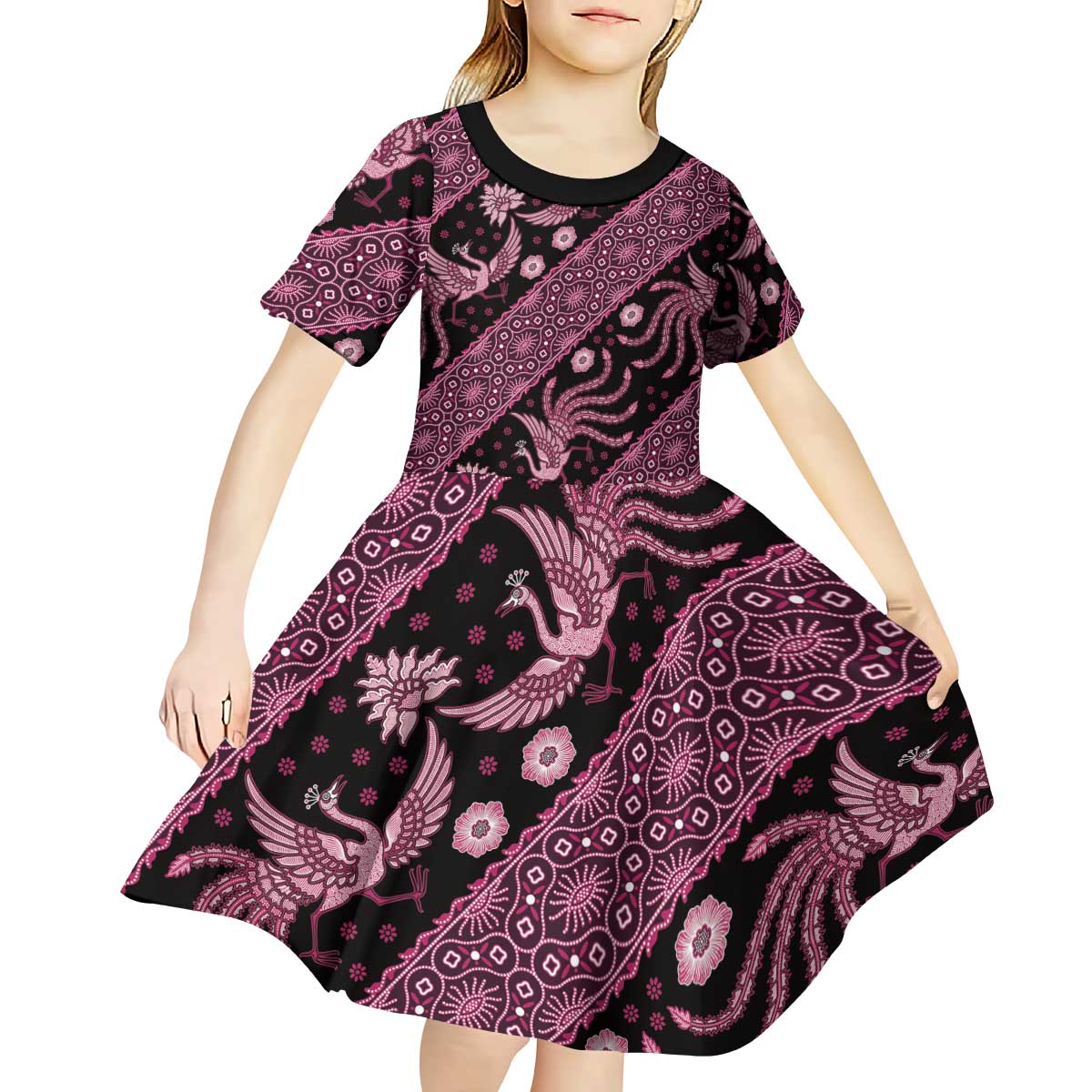 Indonesia Batik Pattern Kid Short Sleeve Dress Pink Version LT01 - Polynesian Pride