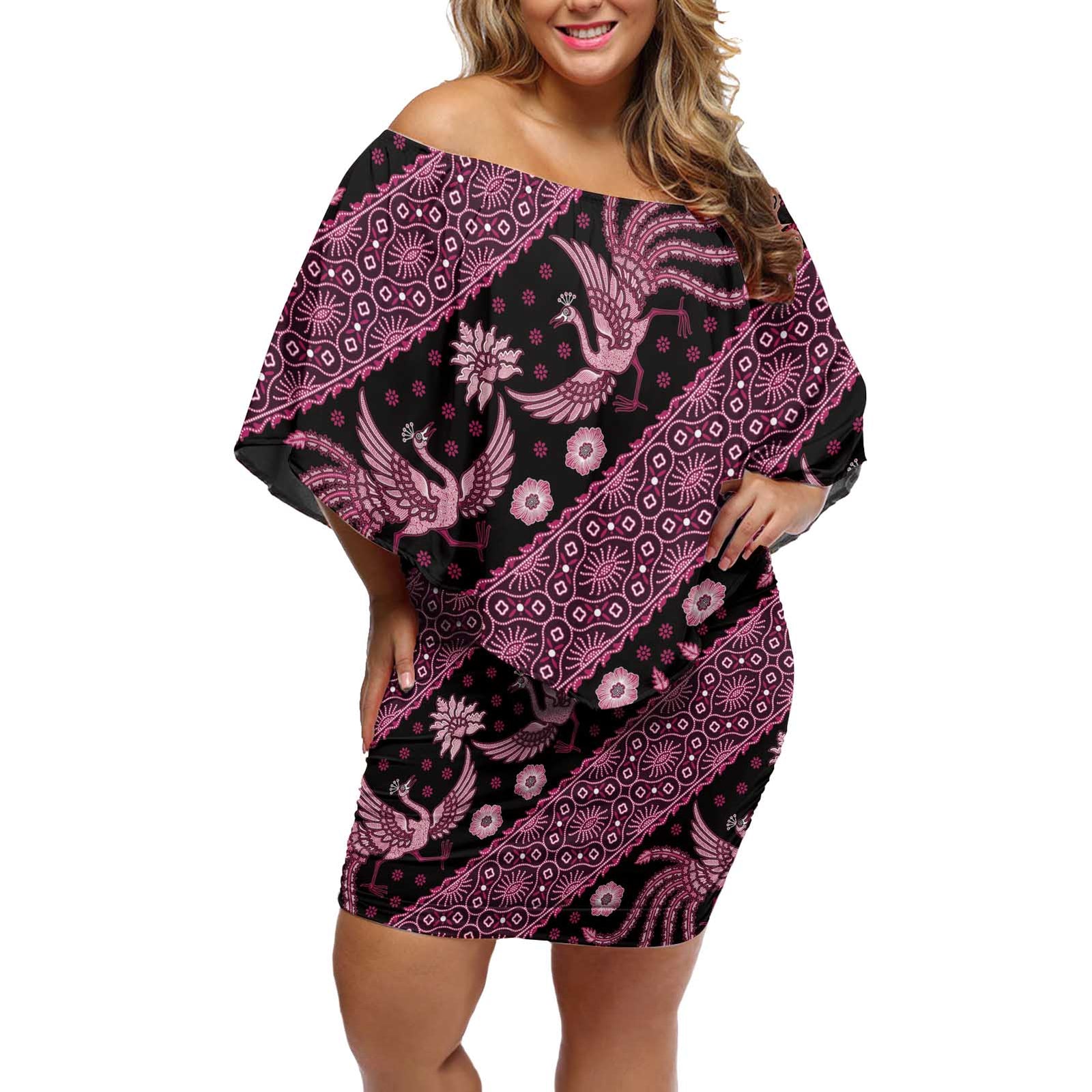 Indonesia Batik Pattern Off Shoulder Short Dress Pink Version LT01 Women Pink - Polynesian Pride
