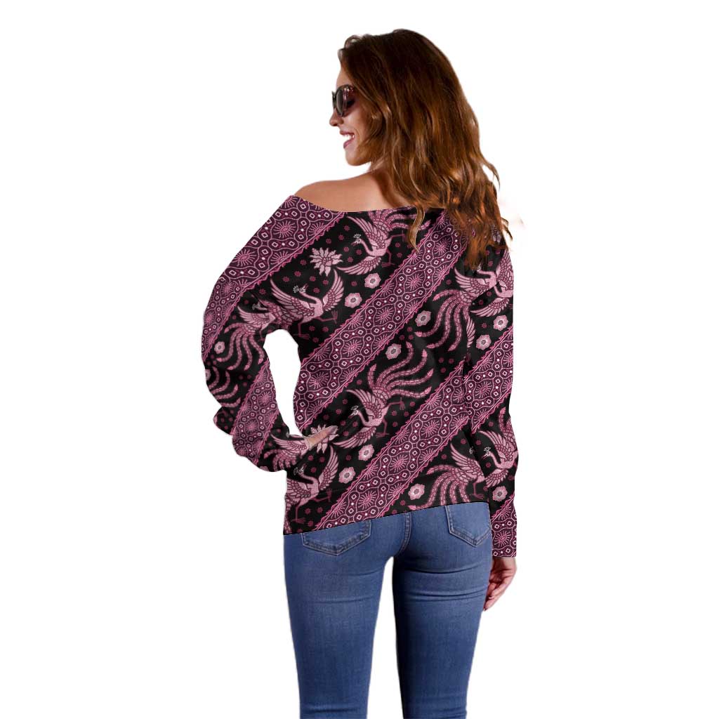 Indonesia Batik Pattern Off Shoulder Sweater Pink Version LT01 - Polynesian Pride