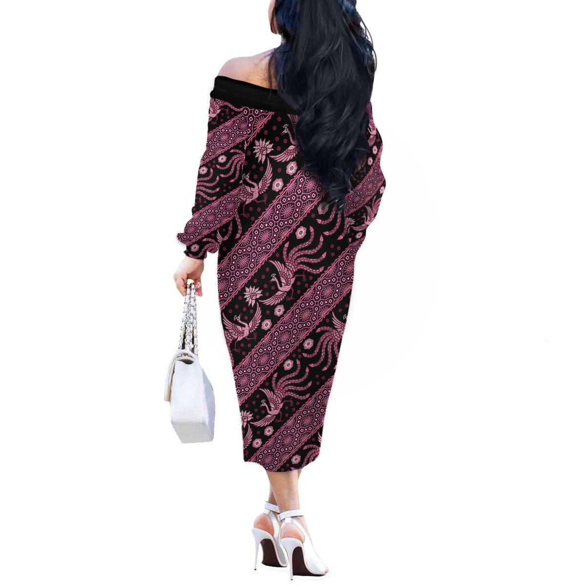 Indonesia Batik Pattern Off The Shoulder Long Sleeve Dress Pink Version LT01 - Polynesian Pride