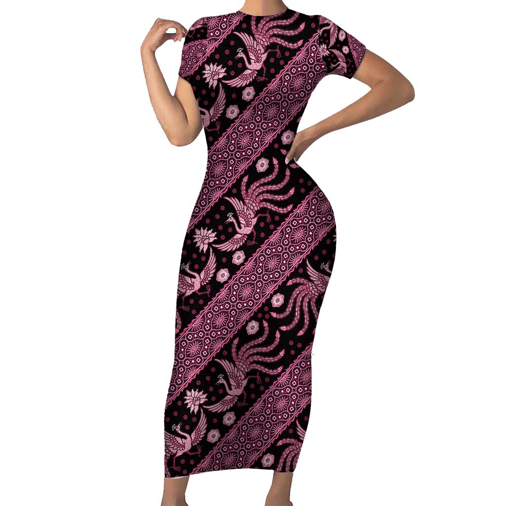 Indonesia Batik Pattern Short Sleeve Bodycon Dress Pink Version LT01 Long Dress Pink - Polynesian Pride