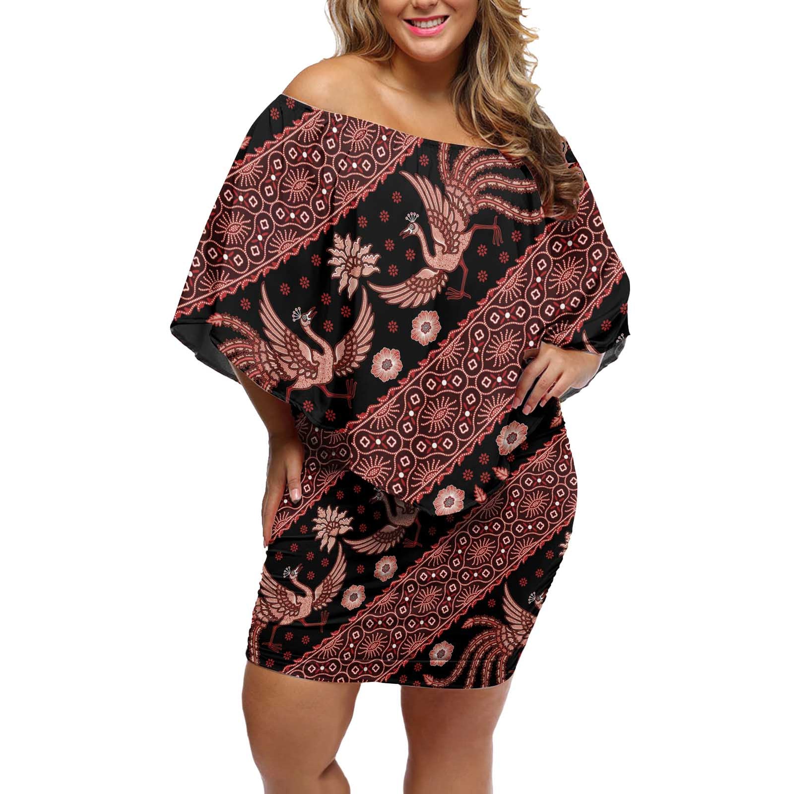 Indonesia Batik Pattern Off Shoulder Short Dress Red Version LT01 Women Red - Polynesian Pride