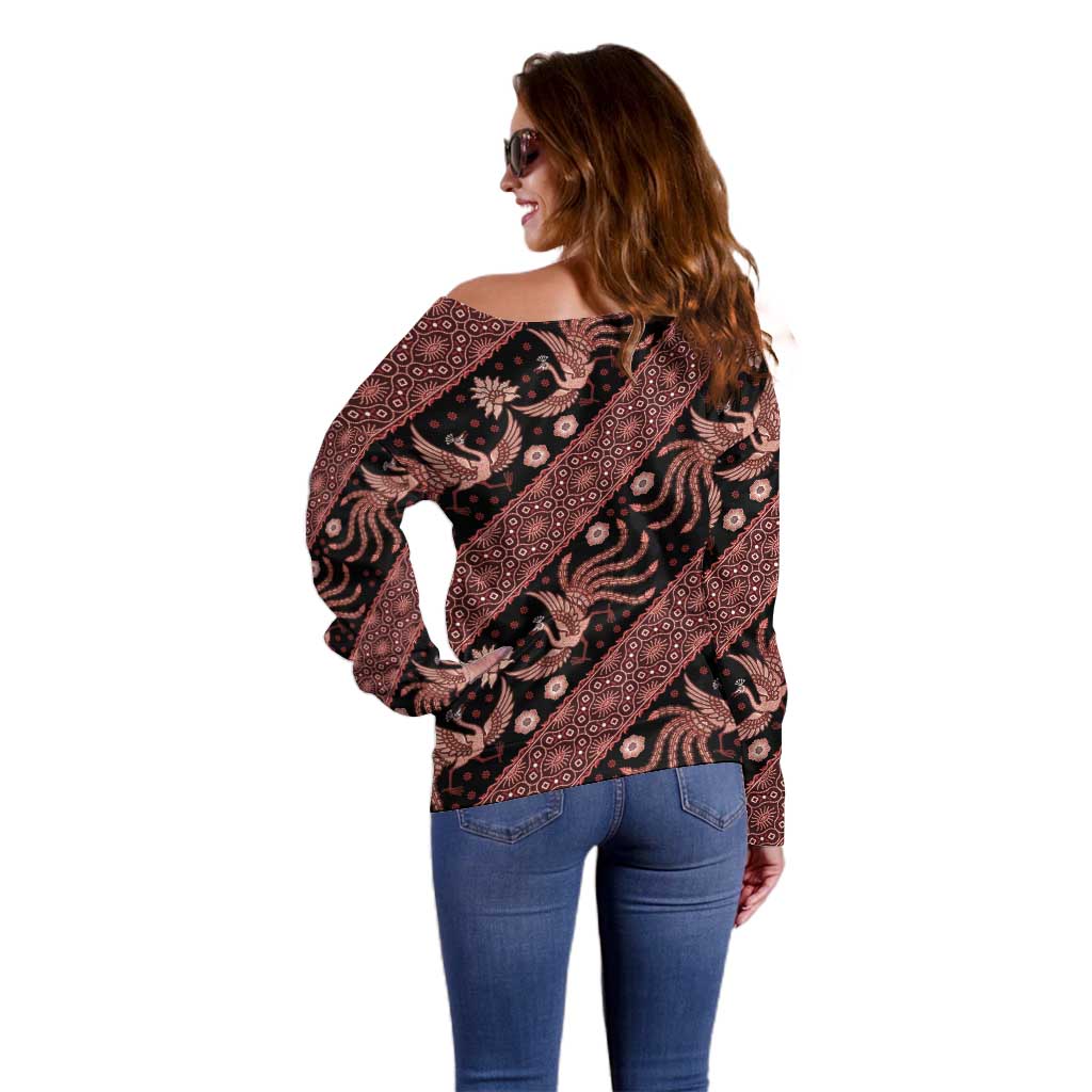 Indonesia Batik Pattern Off Shoulder Sweater Red Version LT01 - Polynesian Pride
