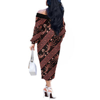 Indonesia Batik Pattern Off The Shoulder Long Sleeve Dress Red Version LT01 - Polynesian Pride