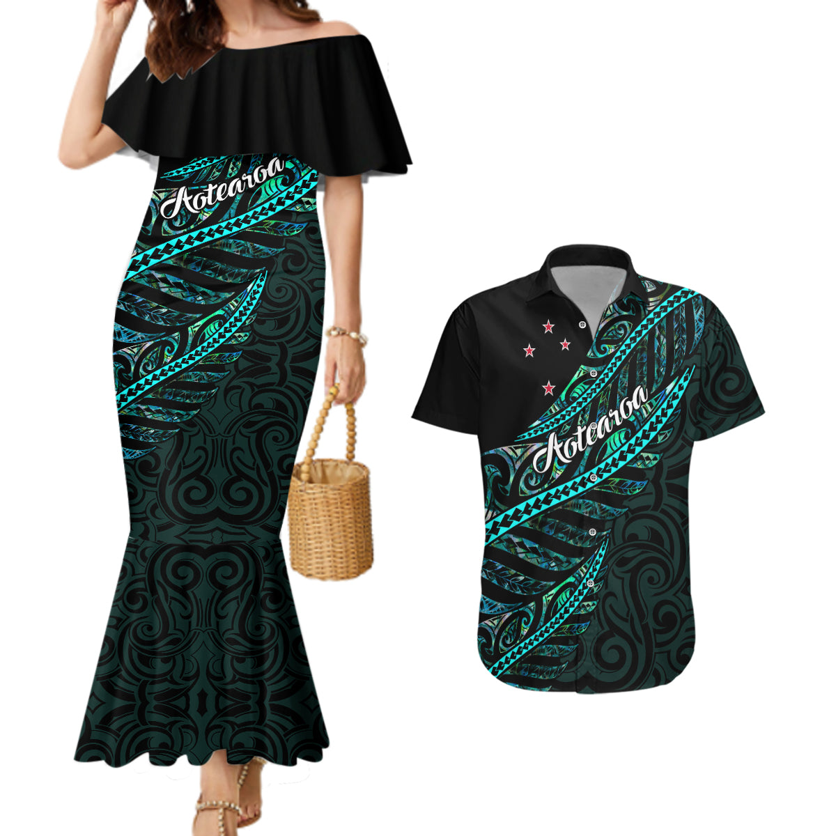 personalised-aotearoa-couples-matching-mermaid-dress-and-hawaiian-shirt-silver-fern-mix-paua-shell-polynesian-pattern