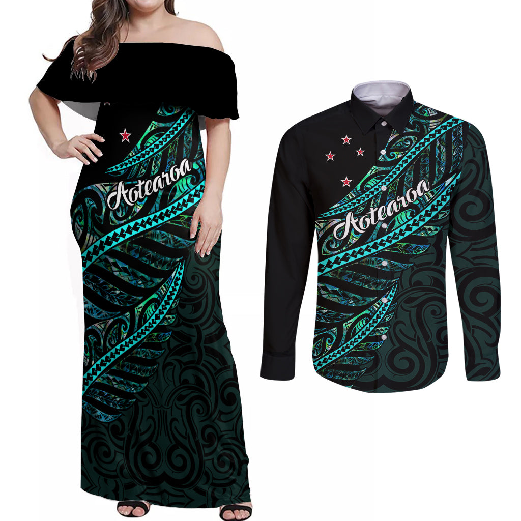 personalised-aotearoa-couples-matching-off-shoulder-maxi-dress-and-long-sleeve-button-shirts-silver-fern-mix-paua-shell-polynesian-pattern