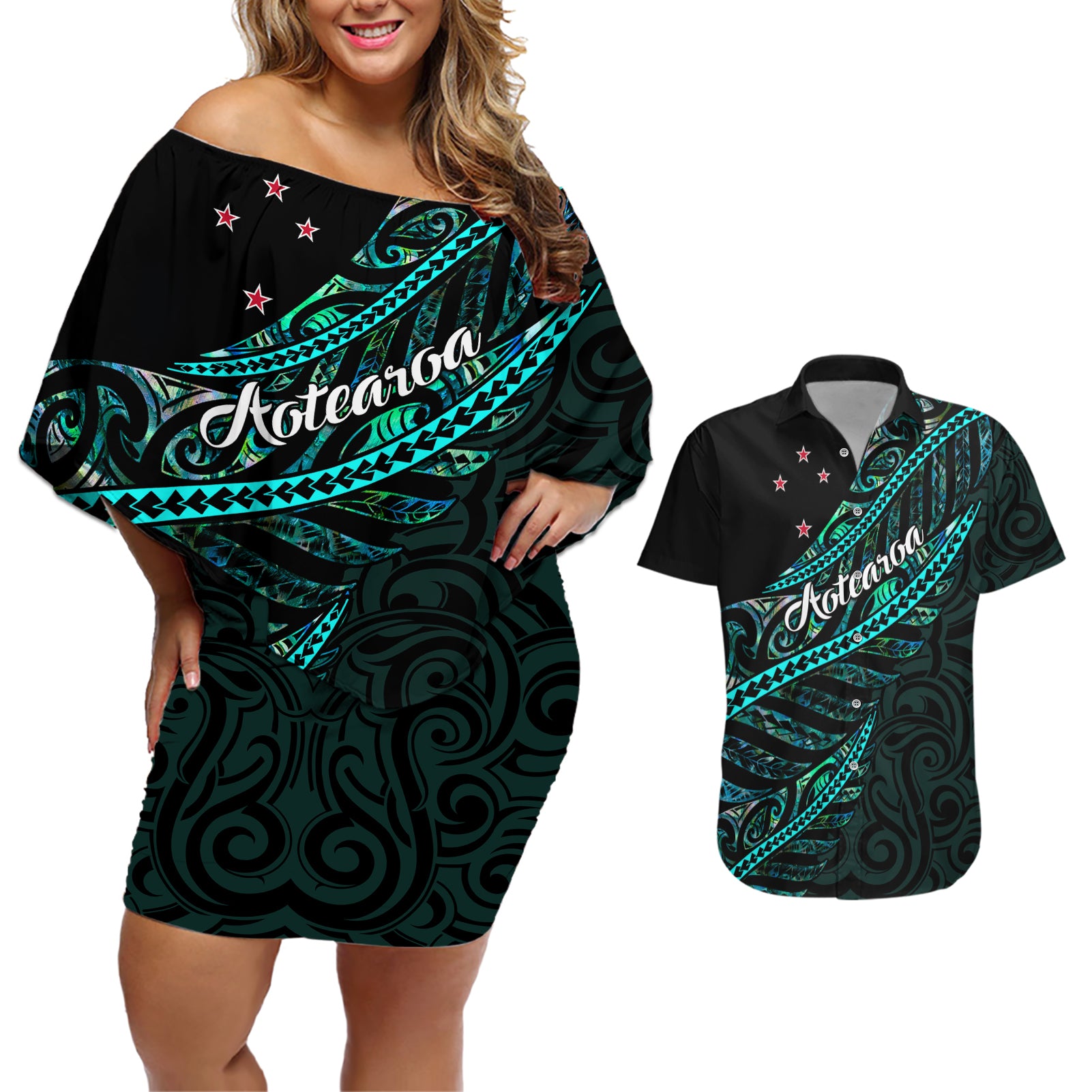 personalised-aotearoa-couples-matching-off-shoulder-short-dress-and-hawaiian-shirt-silver-fern-mix-paua-shell-polynesian-pattern