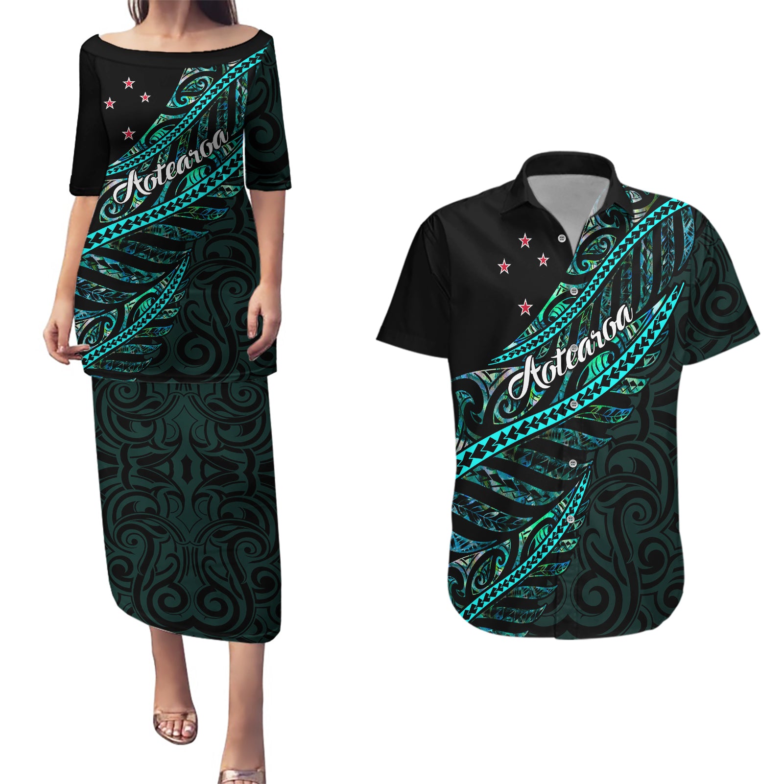 personalised-aotearoa-couples-matching-puletasi-dress-and-hawaiian-shirt-silver-fern-mix-paua-shell-polynesian-pattern