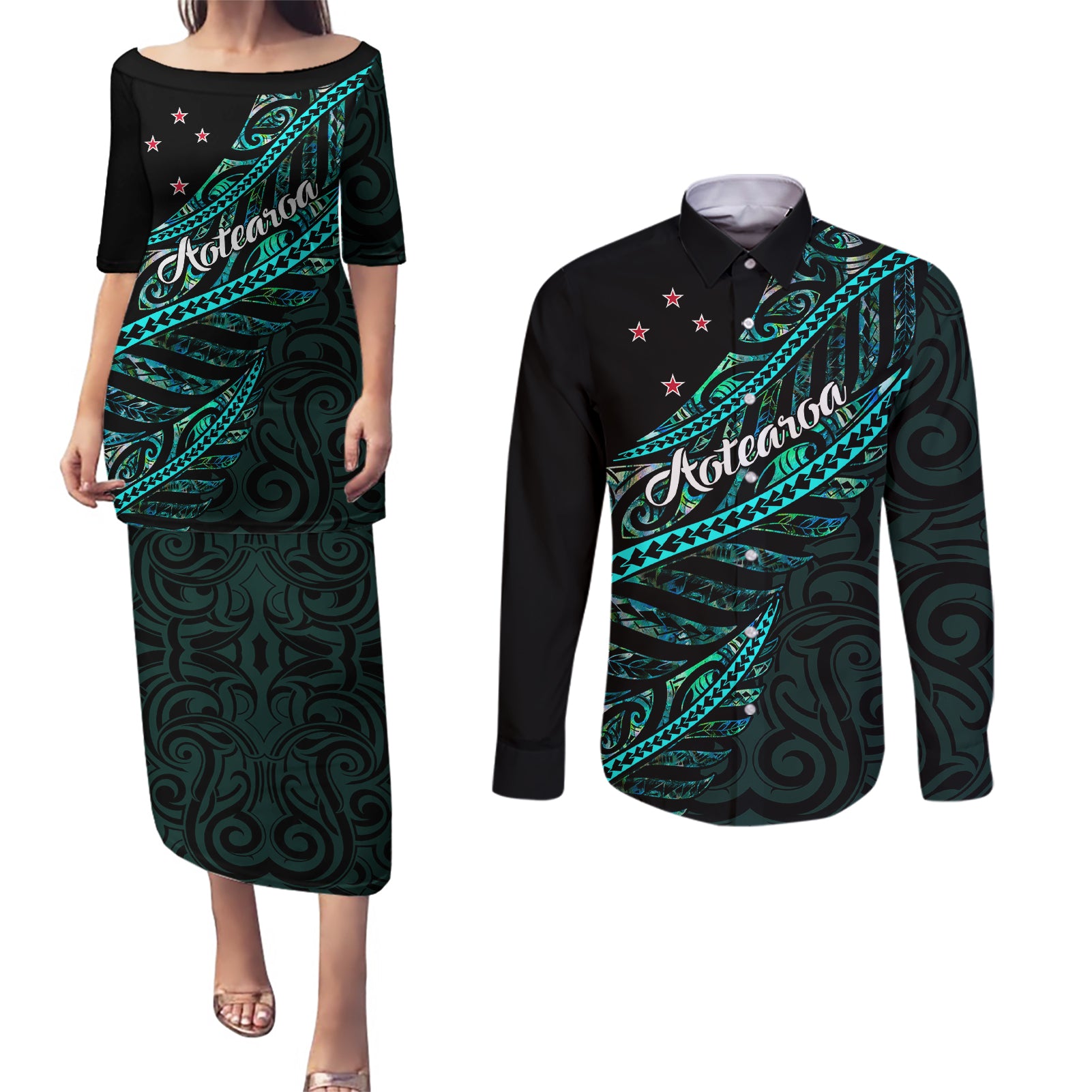 personalised-aotearoa-couples-matching-puletasi-dress-and-long-sleeve-button-shirts-silver-fern-mix-paua-shell-polynesian-pattern