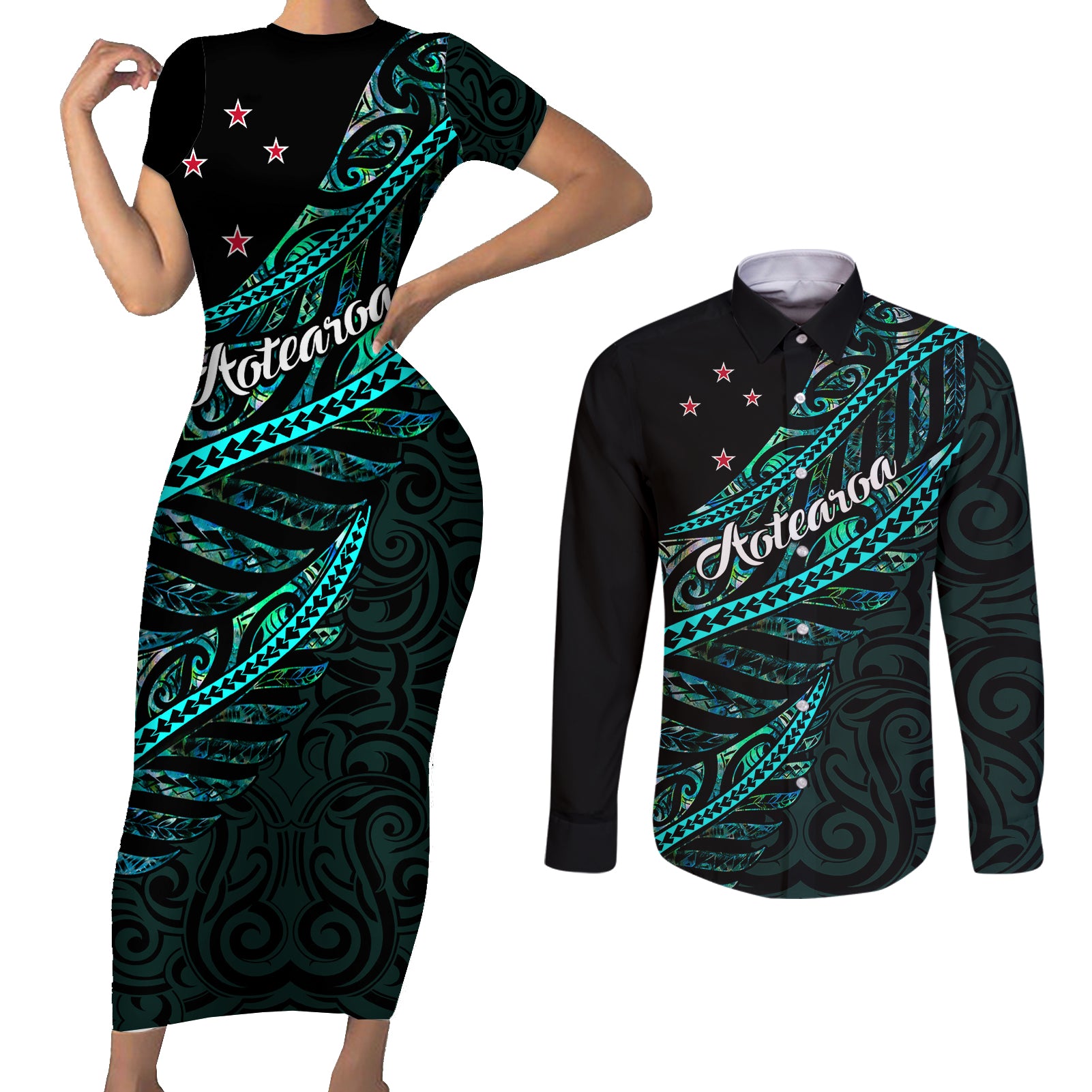 personalised-aotearoa-couples-matching-short-sleeve-bodycon-dress-and-long-sleeve-button-shirts-silver-fern-mix-paua-shell-polynesian-pattern