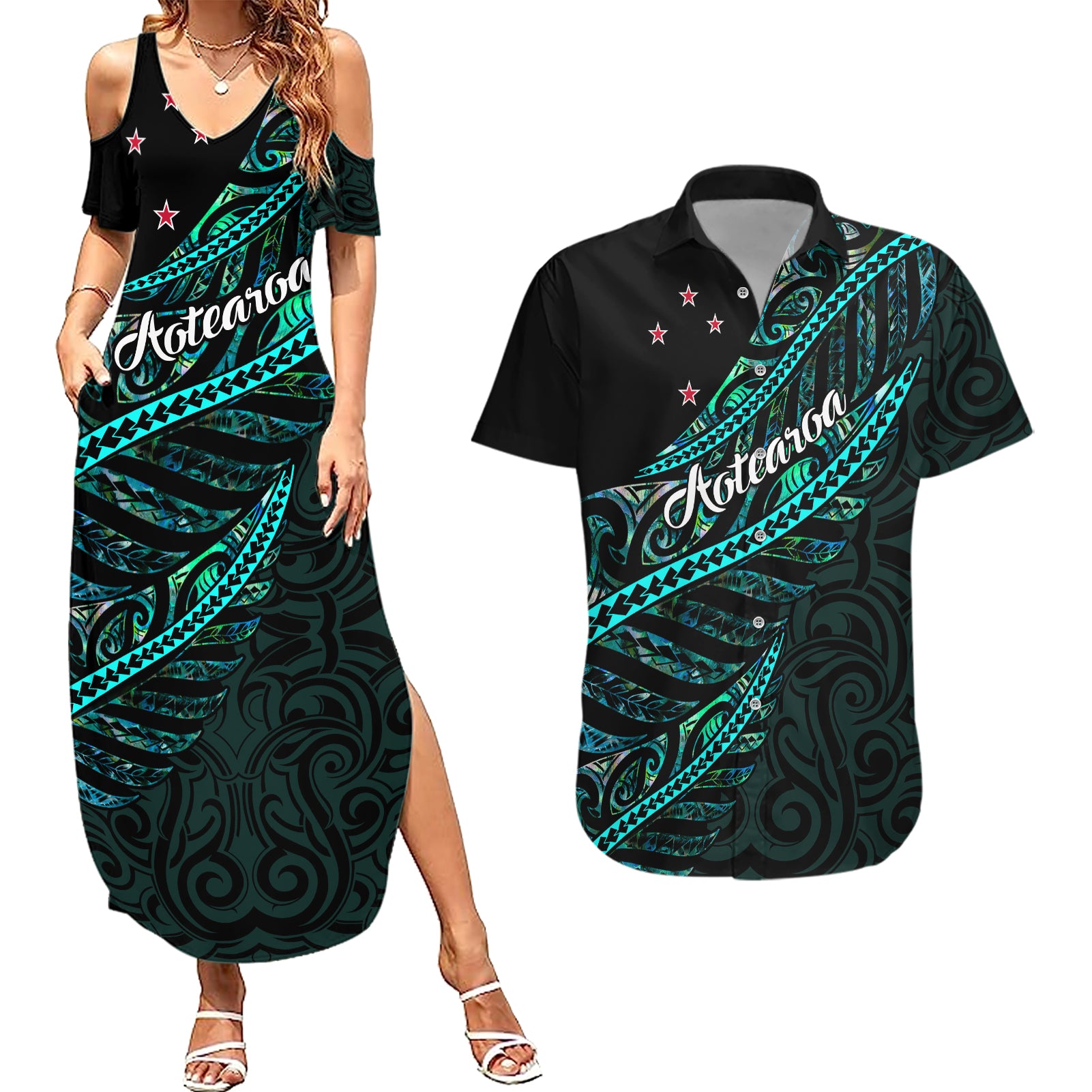 personalised-aotearoa-couples-matching-summer-maxi-dress-and-hawaiian-shirt-silver-fern-mix-paua-shell-polynesian-pattern