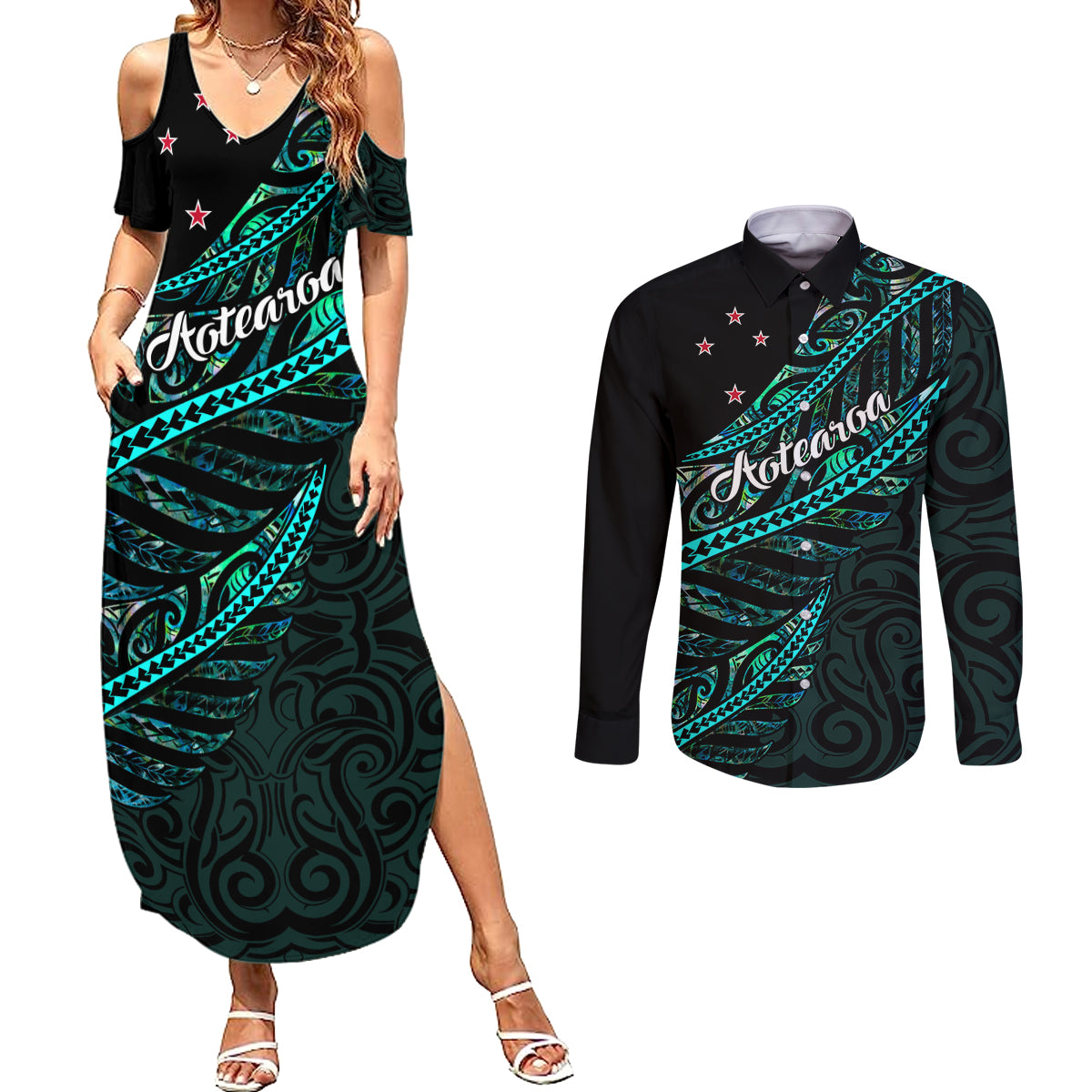 personalised-aotearoa-couples-matching-summer-maxi-dress-and-long-sleeve-button-shirts-silver-fern-mix-paua-shell-polynesian-pattern