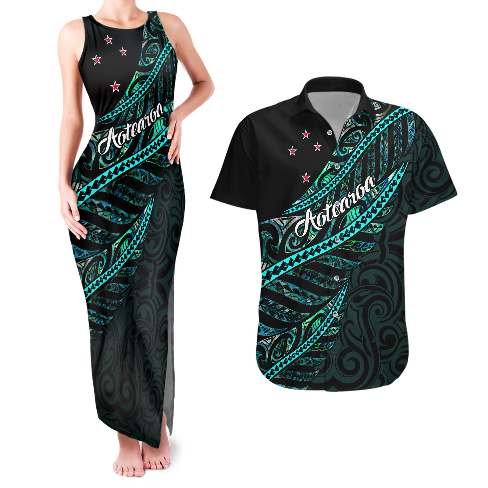 personalised-aotearoa-couples-matching-tank-maxi-dress-and-hawaiian-shirt-silver-fern-mix-paua-shell-polynesian-pattern