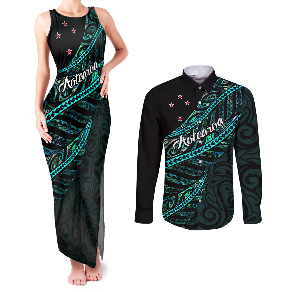 personalised-aotearoa-couples-matching-tank-maxi-dress-and-long-sleeve-button-shirts-silver-fern-mix-paua-shell-polynesian-pattern