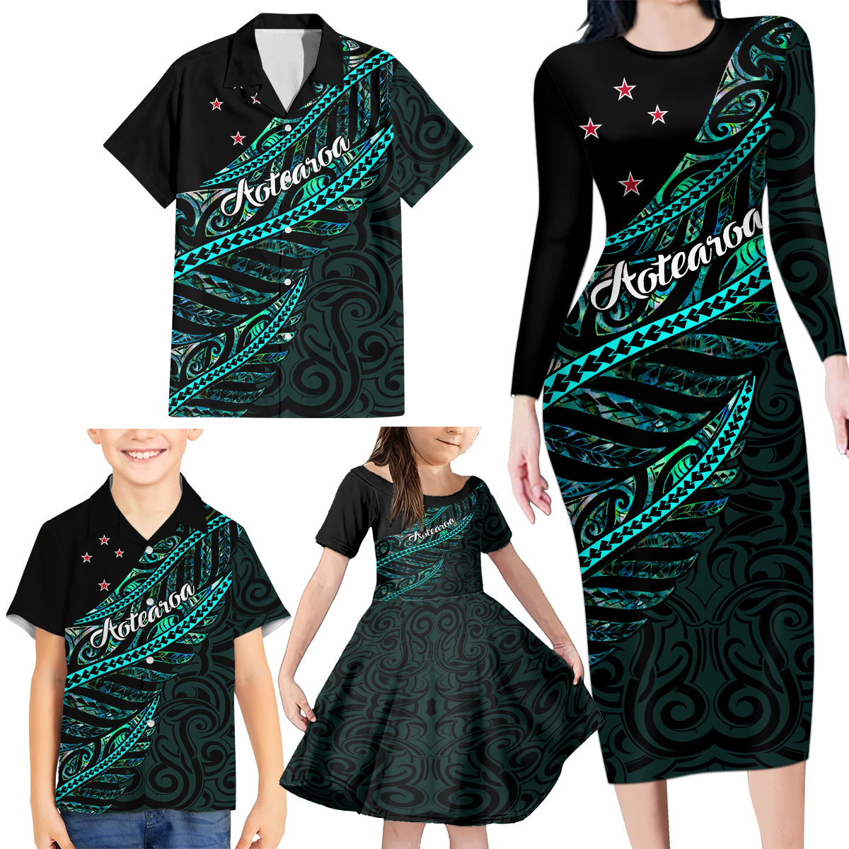 personalised-aotearoa-family-matching-long-sleeve-bodycon-dress-and-hawaiian-shirt-silver-fern-mix-paua-shell-polynesian-pattern