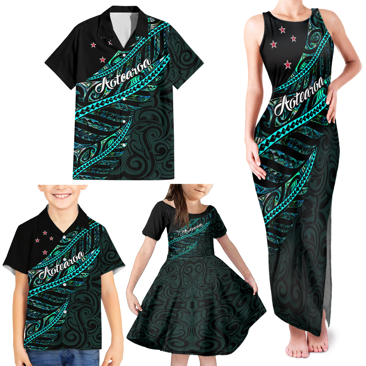 personalised-aotearoa-family-matching-tank-maxi-dress-and-hawaiian-shirt-silver-fern-mix-paua-shell-polynesian-pattern