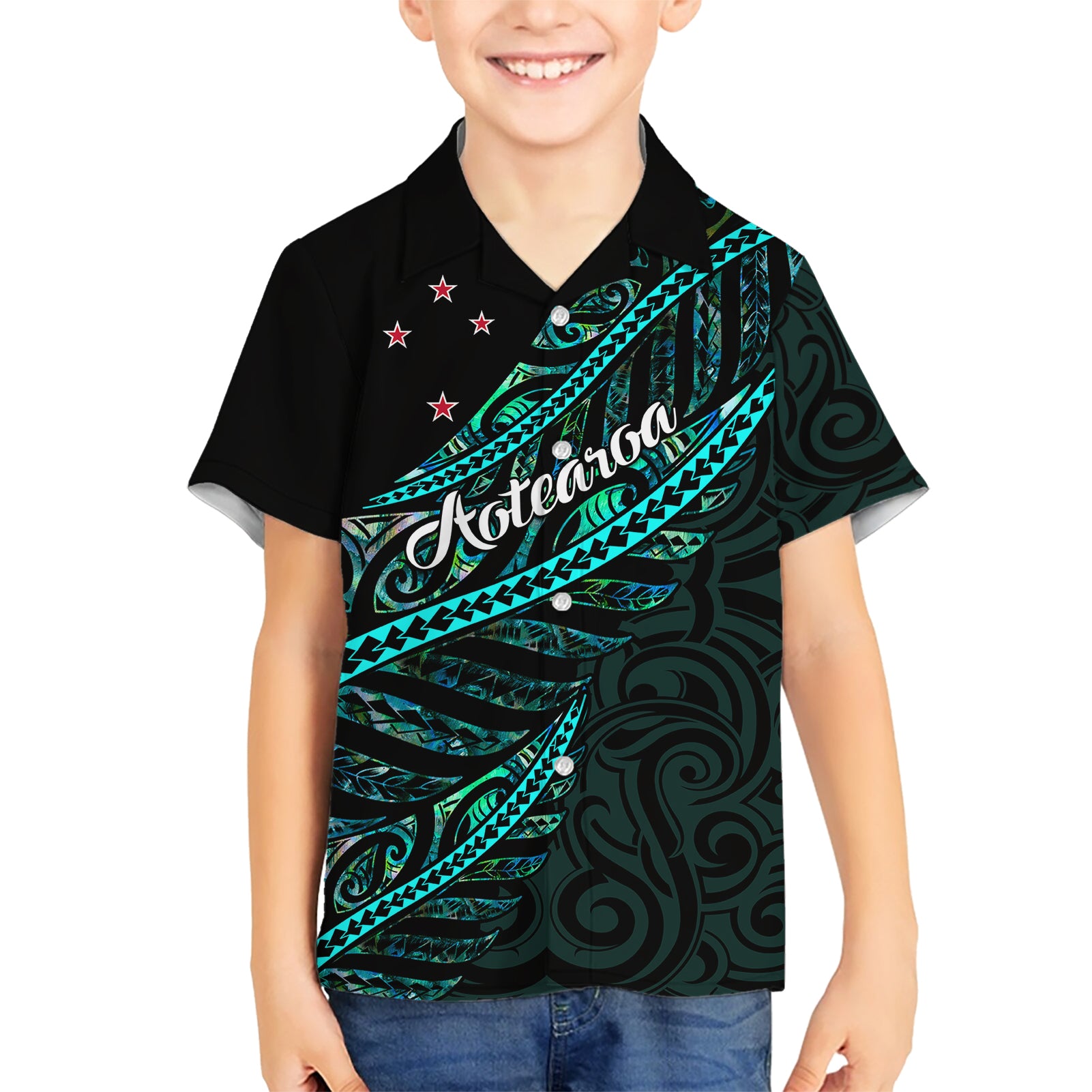 personalised-aotearoa-kid-hawaiian-shirt-silver-fern-mix-paua-shell-polynesian-pattern