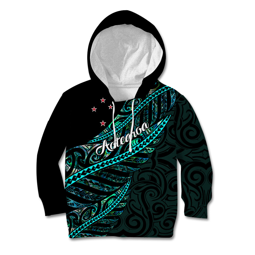 Personalised Aotearoa Kid Hoodie Silver Fern Mix Paua Shell Polynesian Pattern LT01 Hoodie Black - Polynesian Pride