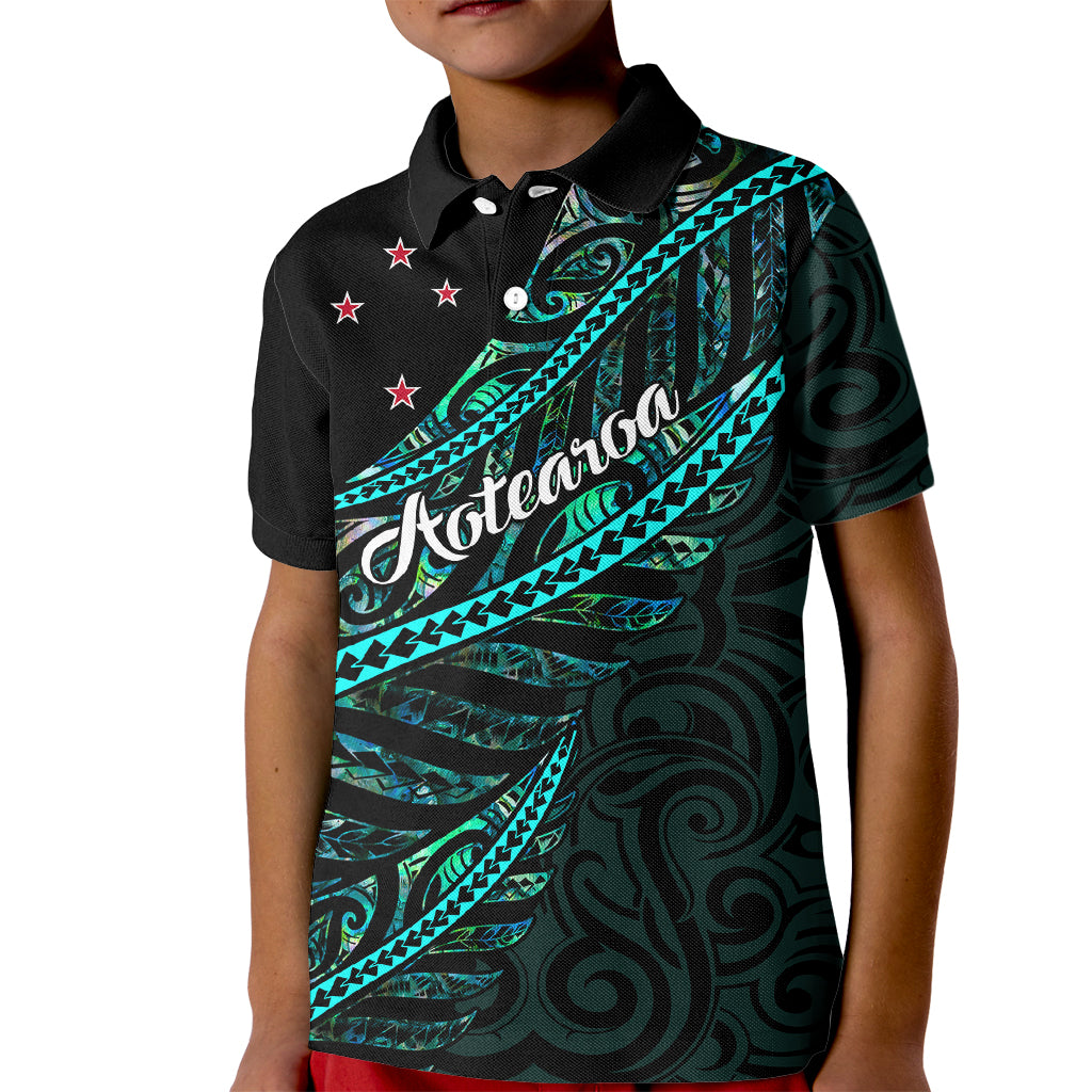 Personalised Aotearoa Kid Polo Shirt Silver Fern Mix Paua Shell Polynesian Pattern LT01 Kid Black - Polynesian Pride