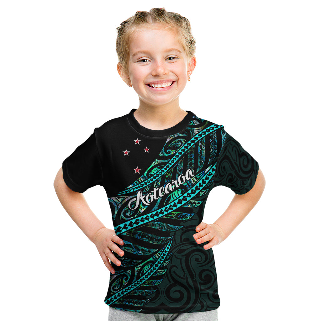 Personalised Aotearoa Kid T Shirt Silver Fern Mix Paua Shell Polynesian Pattern LT01 Black - Polynesian Pride