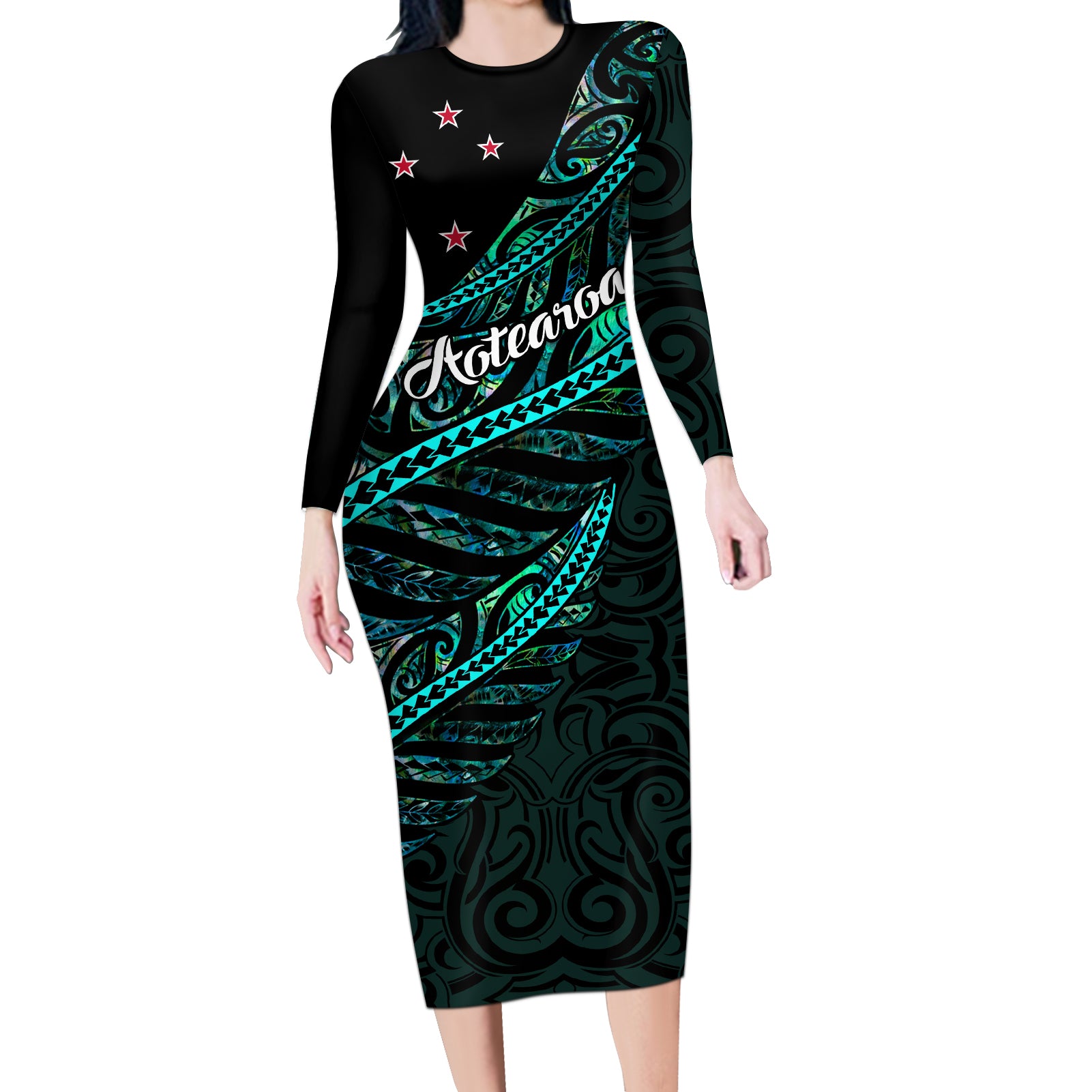 personalised-aotearoa-long-sleeve-bodycon-dress-silver-fern-mix-paua-shell-polynesian-pattern