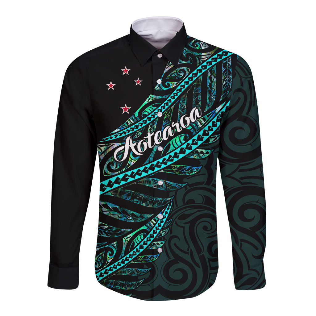 Personalised Aotearoa Long Sleeve Button Shirt Silver Fern Mix Paua Shell Polynesian Pattern LT01 Unisex Black - Polynesian Pride