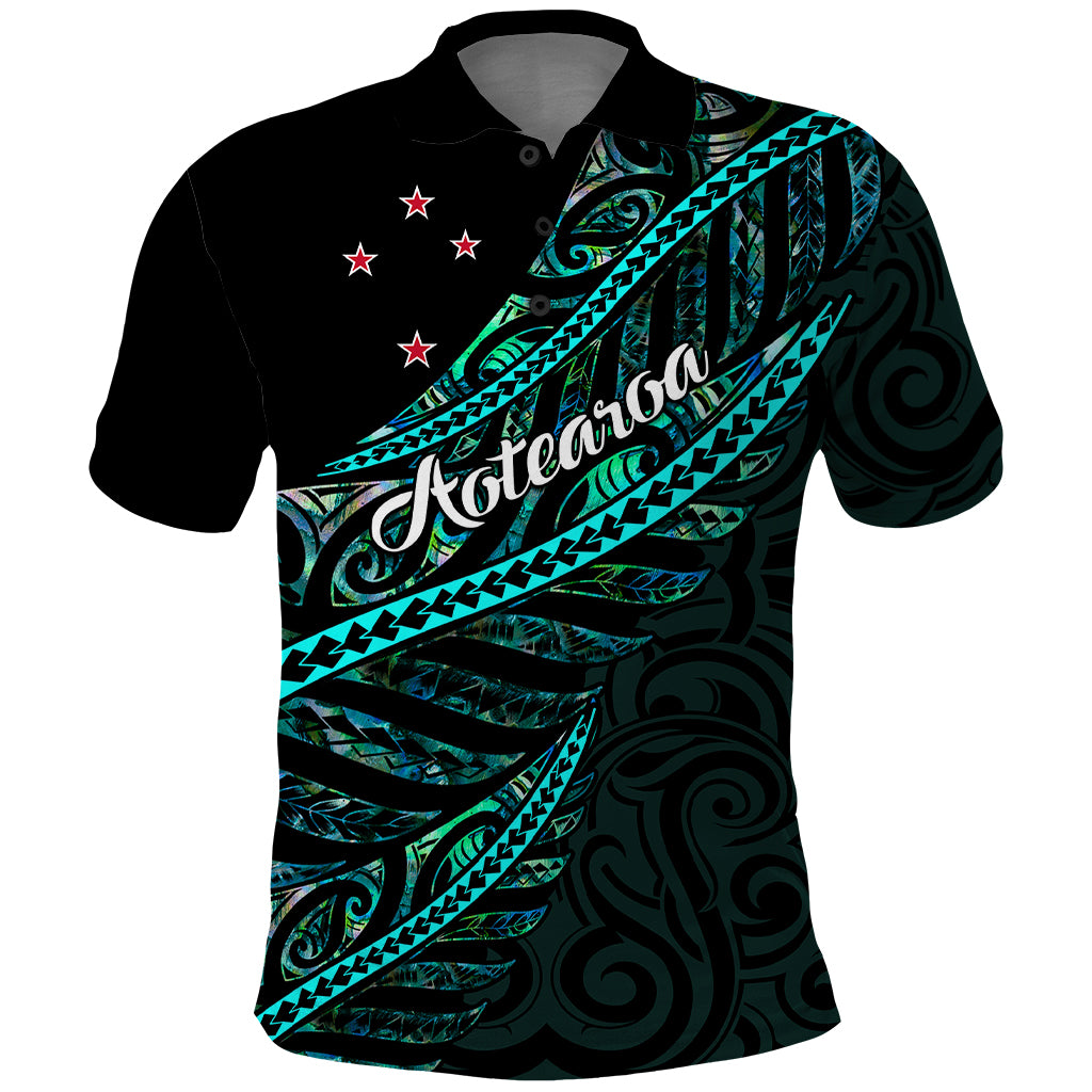 Personalised Aotearoa Polo Shirt Silver Fern Mix Paua Shell Polynesian Pattern LT01 Black - Polynesian Pride