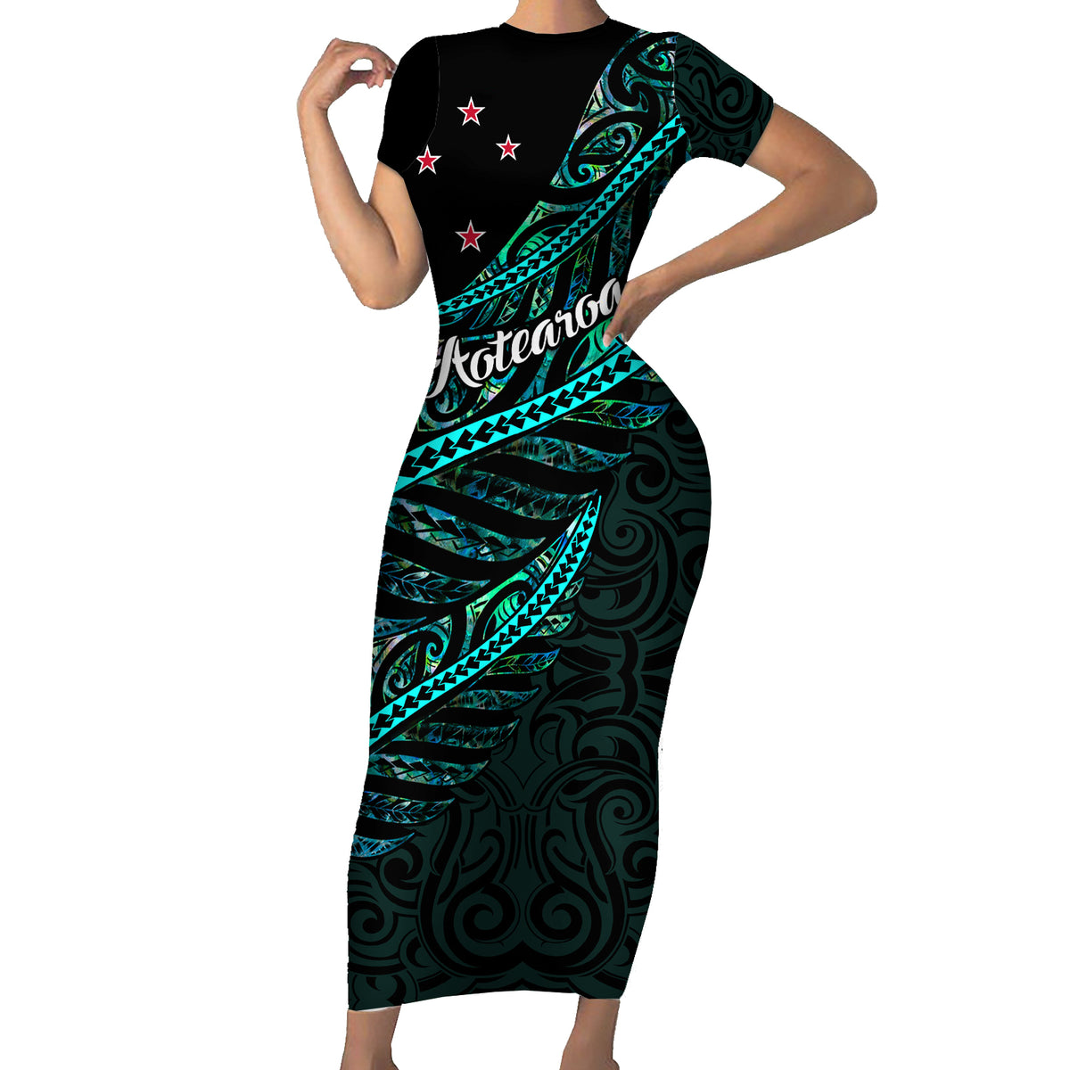 Personalised Aotearoa Short Sleeve Bodycon Dress Silver Fern Mix Paua Shell Polynesian Pattern LT01 Long Dress Black - Polynesian Pride