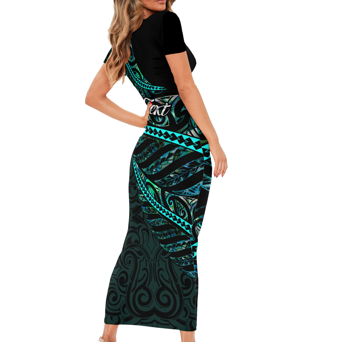 Personalised Aotearoa Short Sleeve Bodycon Dress Silver Fern Mix Paua Shell Polynesian Pattern LT01 - Polynesian Pride