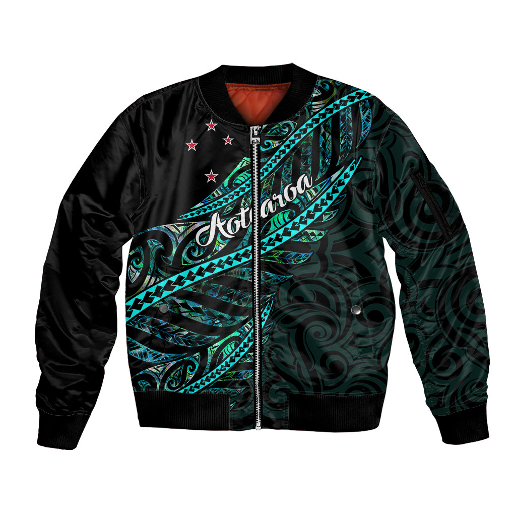 Personalised Aotearoa Sleeve Zip Bomber Jacket Silver Fern Mix Paua Shell Polynesian Pattern LT01 Unisex Black - Polynesian Pride