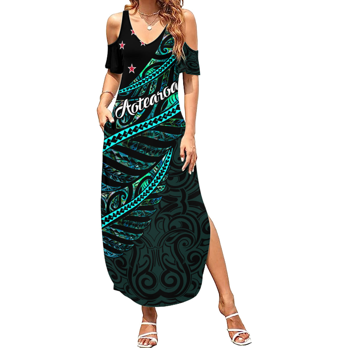 personalised-aotearoa-summer-maxi-dress-silver-fern-mix-paua-shell-polynesian-pattern