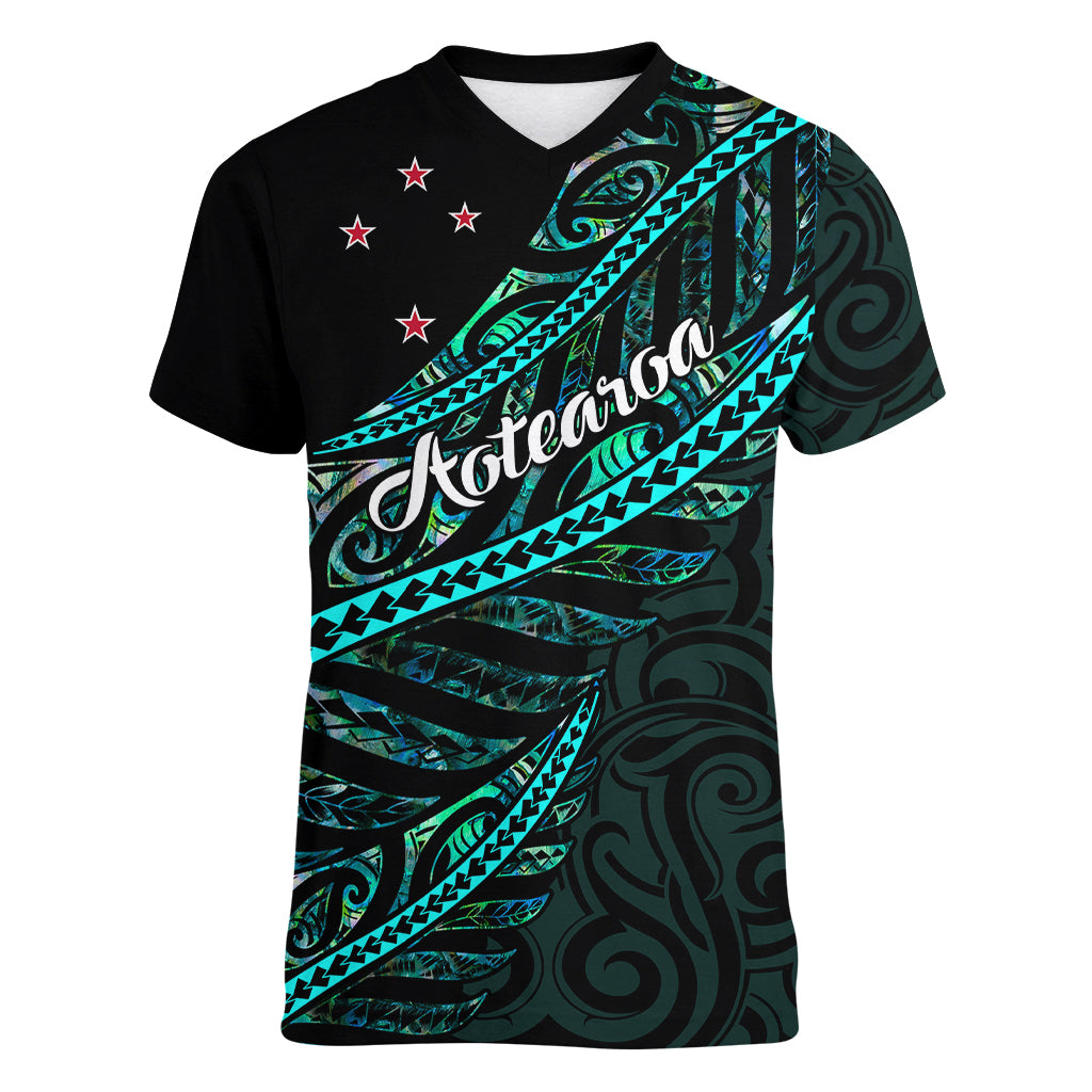 personalised-aotearoa-women-v-neck-t-shirt-silver-fern-mix-paua-shell-polynesian-pattern