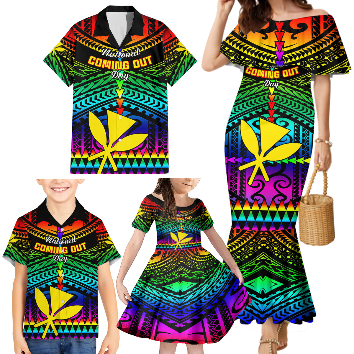 personalised-hawaii-family-matching-mermaid-dress-and-hawaiian-shirt-kanaka-maoli-kakau-2023-national-coming-out-day