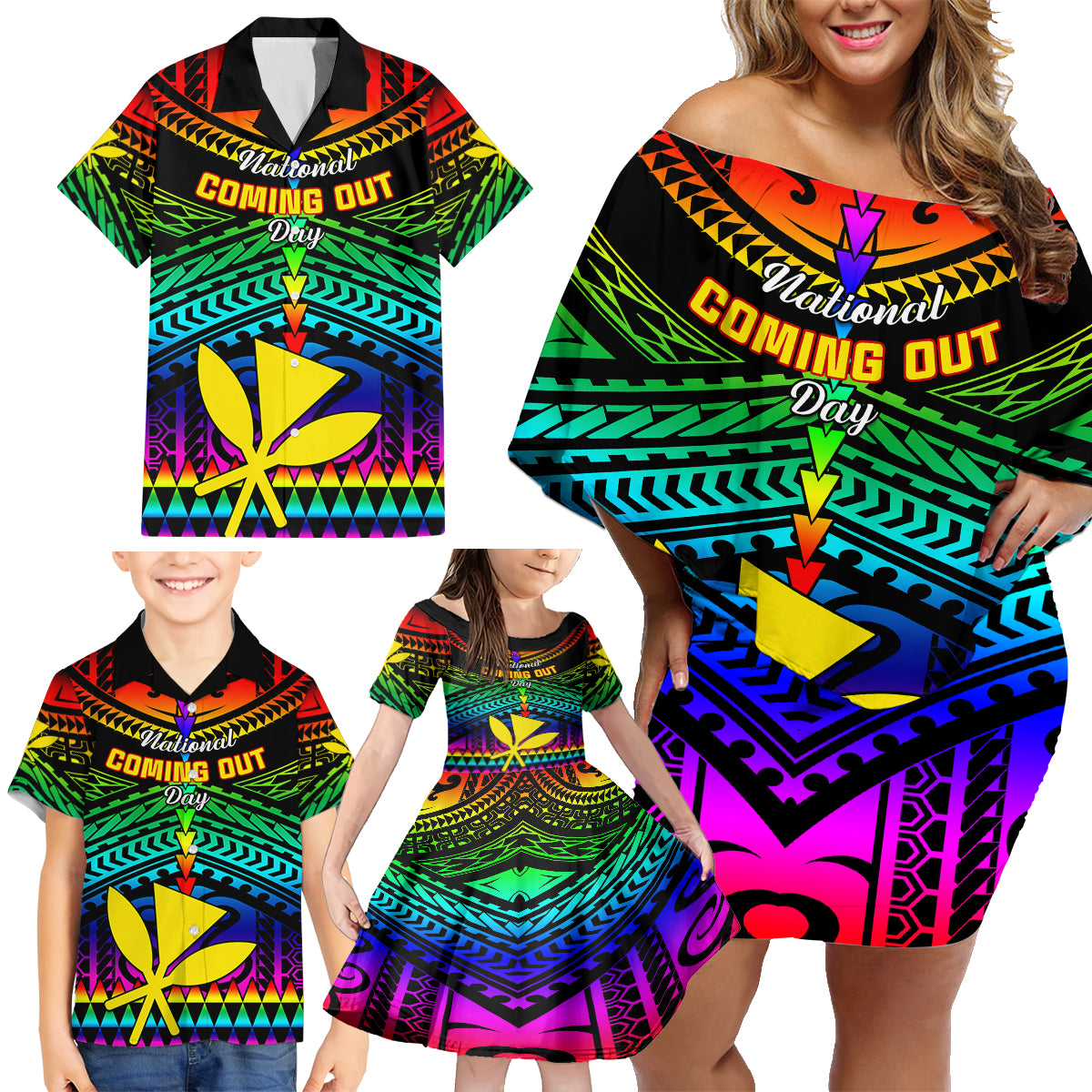 personalised-hawaii-family-matching-off-shoulder-short-dress-and-hawaiian-shirt-kanaka-maoli-kakau-2023-national-coming-out-day