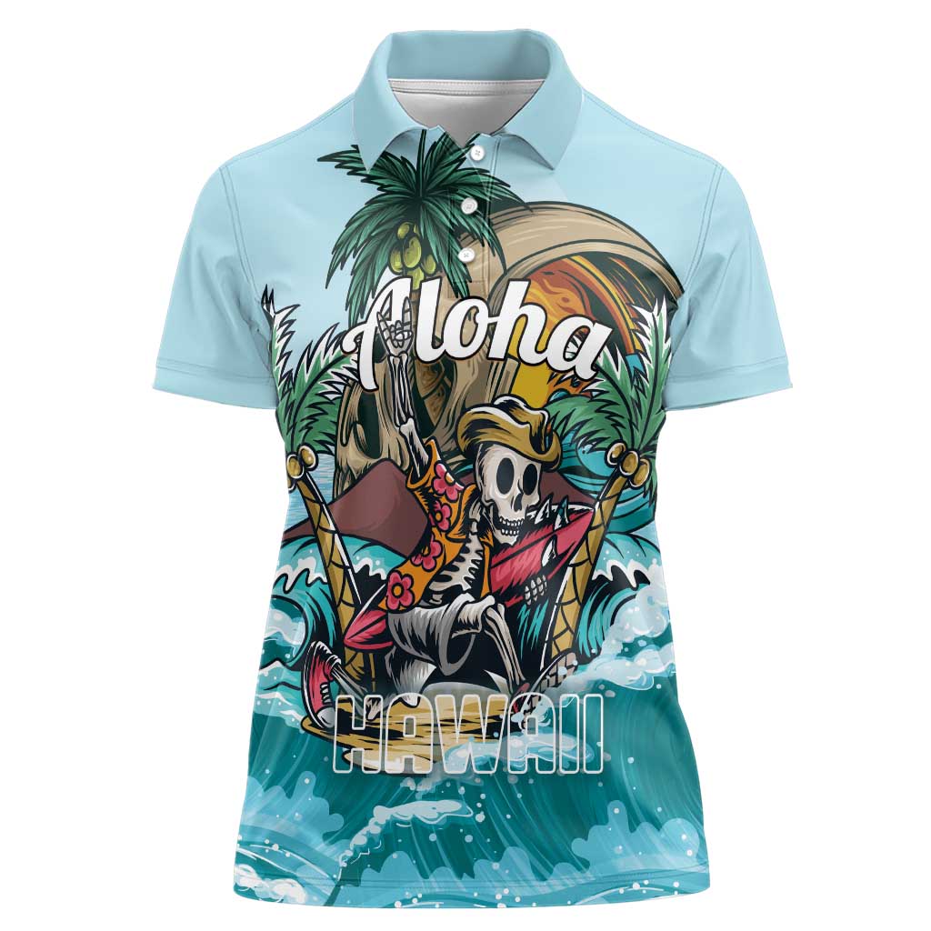 Personalized Aloha Hawaii Skeleton Women Polo Shirt Tropical Summer Vibe LT01 Female Blue - Polynesian Pride