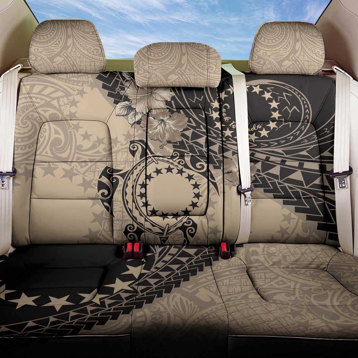 Cook Islands Turtle Back Car Seat Cover Stars and Hibiscus - Beige LT01 One Size Beige - Polynesian Pride