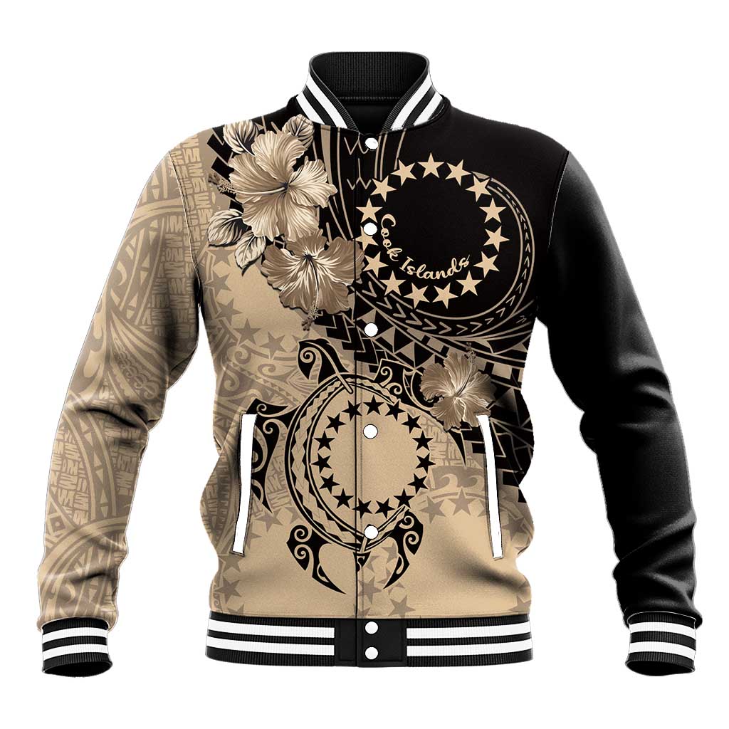 Cook Islands Turtle Baseball Jacket Stars and Hibiscus - Beige LT01 Unisex Beige - Polynesian Pride