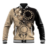 Cook Islands Turtle Baseball Jacket Stars and Hibiscus - Beige LT01 Unisex Beige - Polynesian Pride