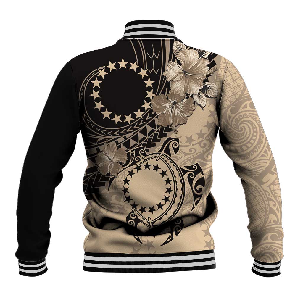 Cook Islands Turtle Baseball Jacket Stars and Hibiscus - Beige LT01 - Polynesian Pride