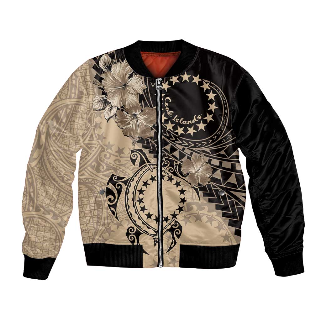 Cook Islands Turtle Bomber Jacket Stars and Hibiscus - Beige LT01 Unisex Beige - Polynesian Pride