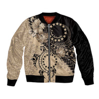 Cook Islands Turtle Bomber Jacket Stars and Hibiscus - Beige LT01 Unisex Beige - Polynesian Pride