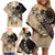 Cook Islands Turtle Family Matching Off Shoulder Short Dress and Hawaiian Shirt Stars and Hibiscus - Beige