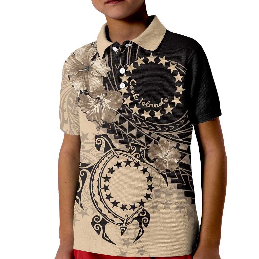 Cook Islands Turtle Kid Polo Shirt Stars and Hibiscus - Beige LT01 Kid Beige - Polynesian Pride