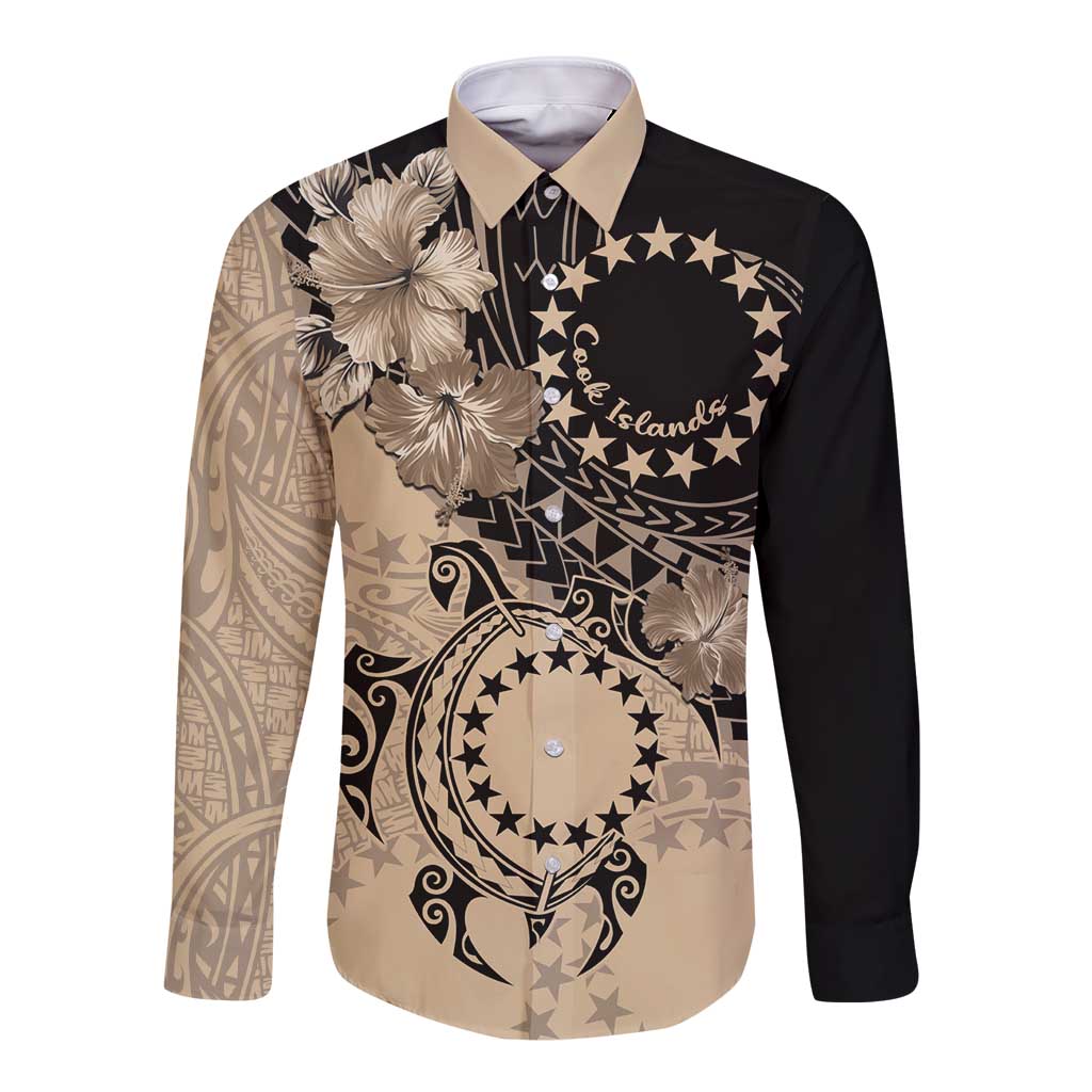 Cook Islands Turtle Long Sleeve Button Shirt Stars and Hibiscus - Beige LT01 Unisex Beige - Polynesian Pride