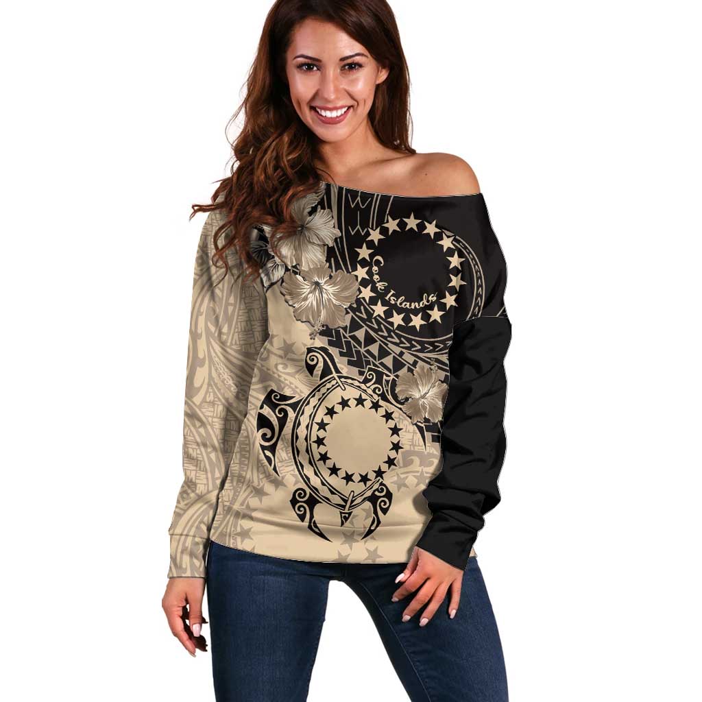 Cook Islands Turtle Off Shoulder Sweater Stars and Hibiscus - Beige LT01 Women Beige - Polynesian Pride