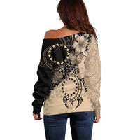 Cook Islands Turtle Off Shoulder Sweater Stars and Hibiscus - Beige LT01 - Polynesian Pride
