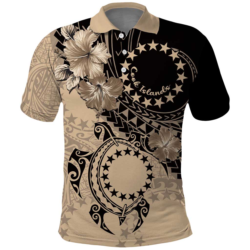 Cook Islands Turtle Polo Shirt Stars and Hibiscus - Beige LT01 Beige - Polynesian Pride
