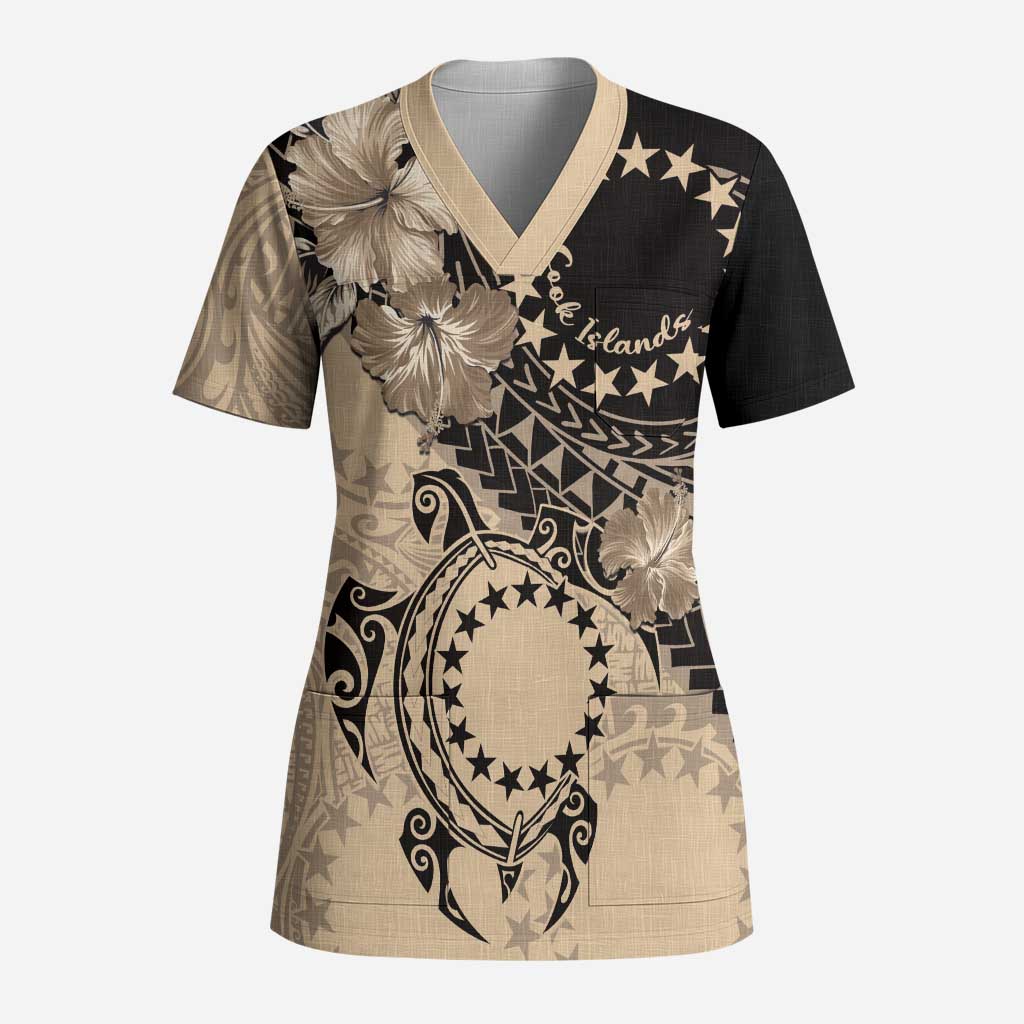 Cook Islands Turtle Scrub Top Stars and Hibiscus - Beige LT01 Adult Beige - Polynesian Pride